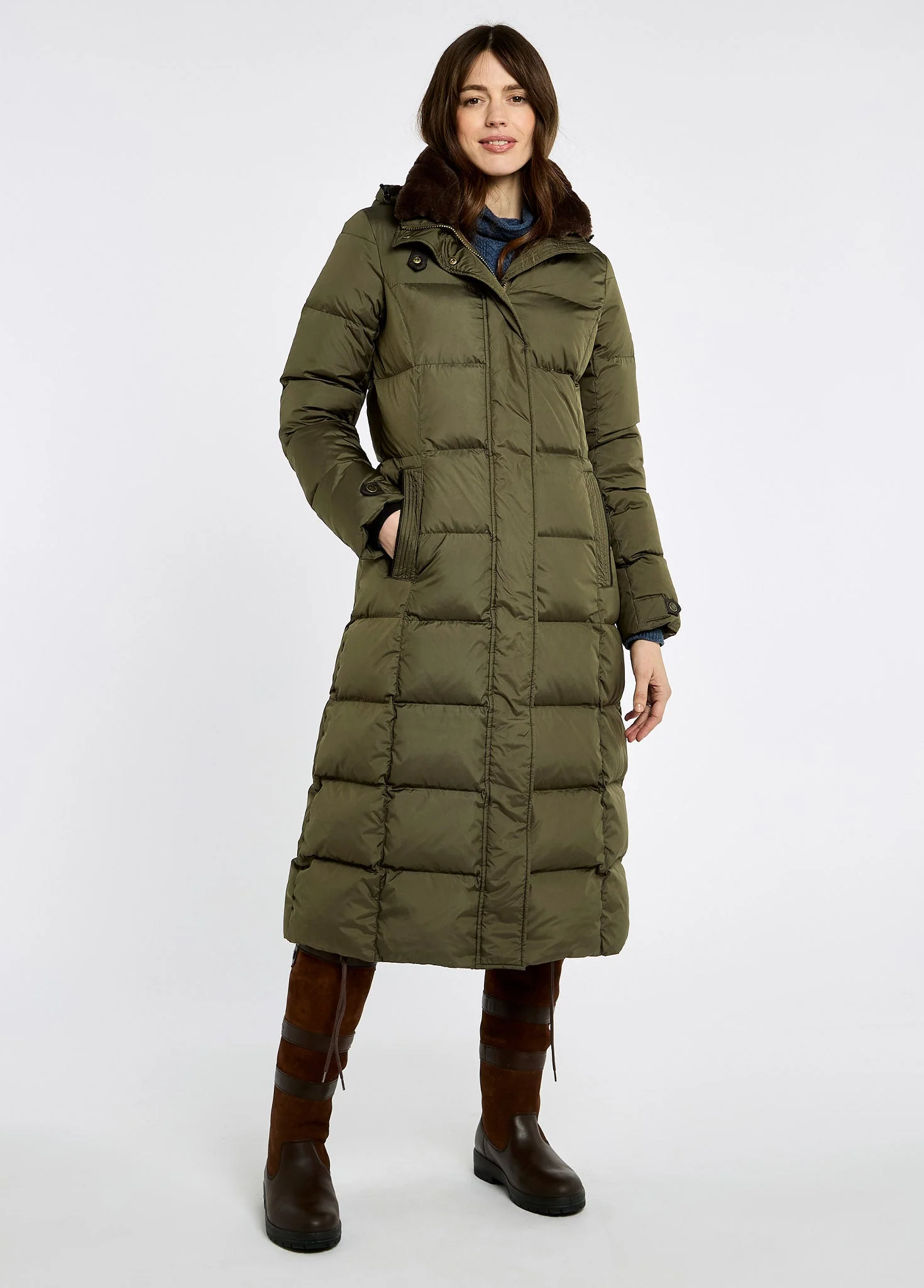 Aldborough Women's full length technical down jacket - Olive - Image 4