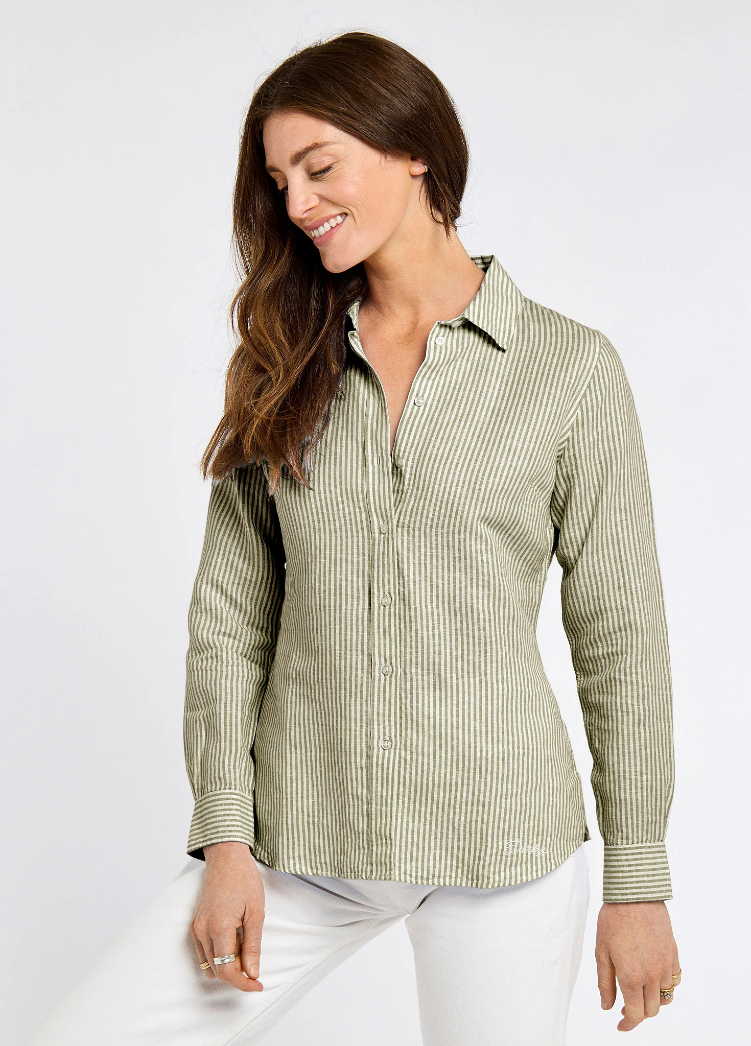 Butterfly Women’s long sleeve linen shirt- khaki - Image 2