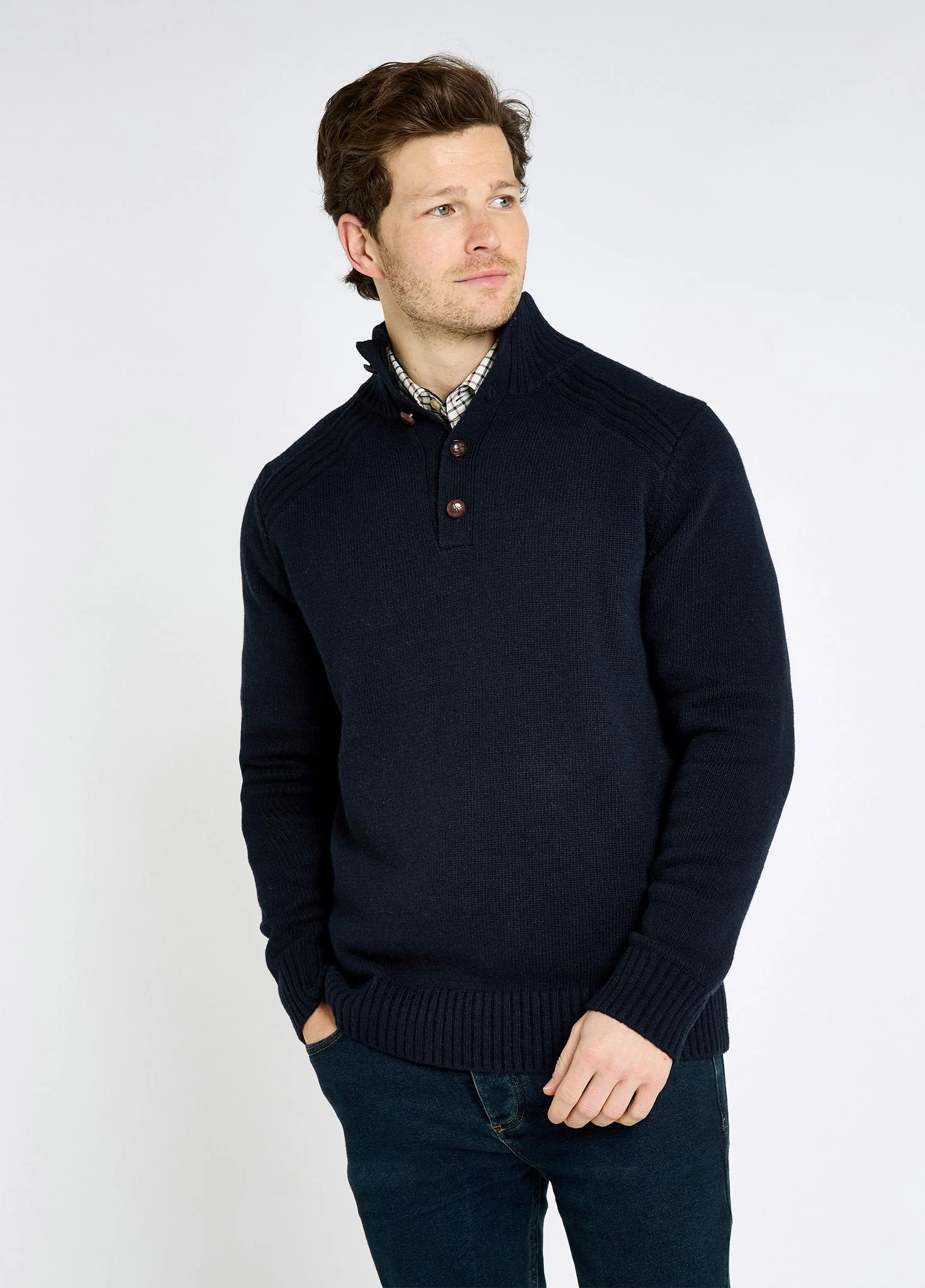 Shields Men’s button neck knit - Navy - Image 3